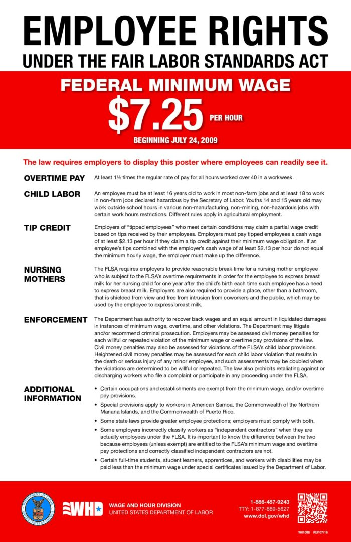 The Fair Labor Standards Act poster details the law in 6 things to know about it, starting with the minimum Federal Wage which began on July 24th 2009.
