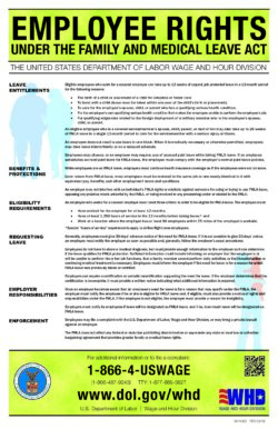 Employee Rights Under The Family And Medical Leave Act poster
Black title, all caps, in the header in light green (chartreuse green), outlined with thin black line on top and bottom of header; a poster that belongs to the DOL, wage and hour division. 
Two light blue silhouettes of elder male and female, male with cane, female holding his arm, behind each section titles on the left. The two people are in different shades of light blue.

All of the body text is in black low caps with six sections on the left in black, all caps:

Leave Entitlements
Benefits & Protections
Eligibility  Requirements
Requesting Leave
Employer Responsibilities
Enforcement

On the right towards the footer there is a silhouette of woman with long hair, in light blue with baby in light brown. Black text juxtaposes them. Footer contains full color of DOL, same chartreuse color with black thin outlines top and bottom of footer. Center of footer contains phone numbers regular and TTY, and website for WHD (wage and hour division). Bottom right in the footer section we find the full-color WHD logo and above there is a QR code in black.