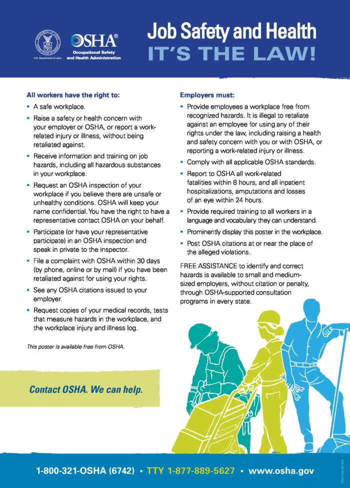 OSHA, "A preview showingÂ workerâ€™s rights to safety at work, training on job hazards, citations, inspections, tests of workplace hazards and what the employers must provide regarding safety for employees.