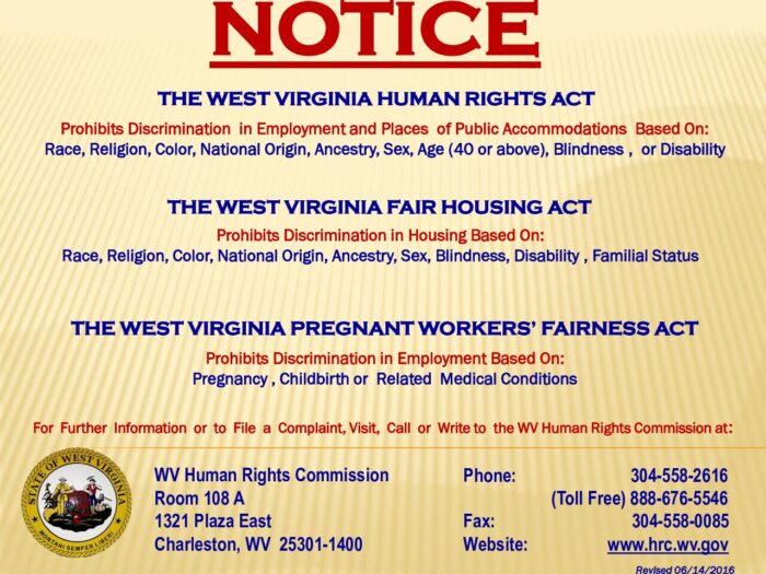 The Human Rights Commission is "A preview showingÂ it prohibits Discrimination in Employment, and Places of Public Accomodation. On the same page the second act is WV Fair Housing Act and third, the WV pregnant workersâ€™ act.
