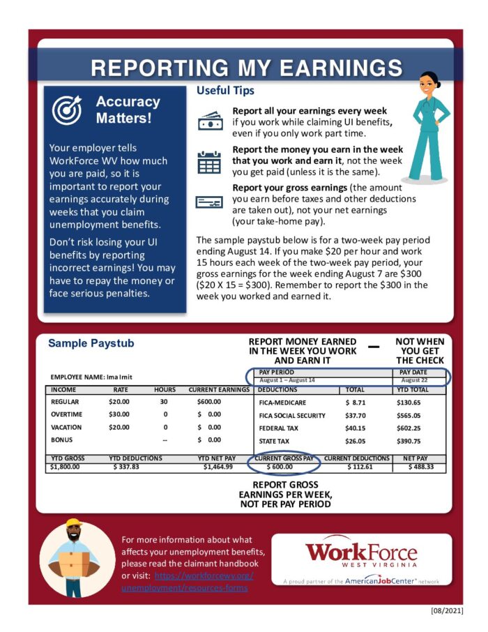 Claimant Guide â€“ Reporting My Earnings, guide on how to report your earnings every week that you worked, not the week you get paid.
