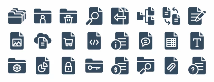 24 Symbols that indicate the following: folders and files, people folder, folder with bin symbol, research file, collapsible file, 3 file branch (nested files), connected files, edit file, images file, cloud storage file, cart file, code file (less than forward slash more than), information file, chat file, calendar file, text file, programming folder, pie graph file, locked file, secure folder, spending file, research folder, attachments file, and website file.