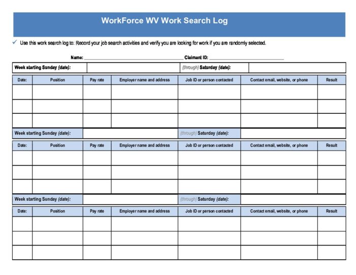 WFWV Work Search Activity Log is a log needed to be filled weekly by the applicant for unemployment, showing they have searched work, contacted potential employers for suitable work.