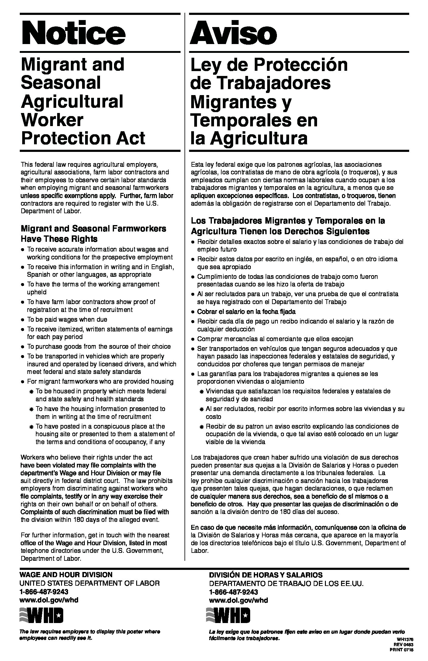 Migrant and Seasonal Agricultural Worker Protection Act (Agricultural subject to.  MSPA) poster