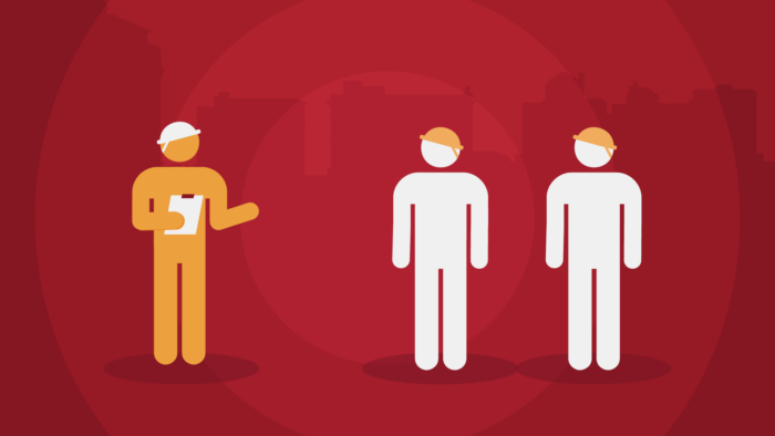 An illustrated graphic of a boss figure in a white hardhat instructing two figures with yellow hardhats on a job site