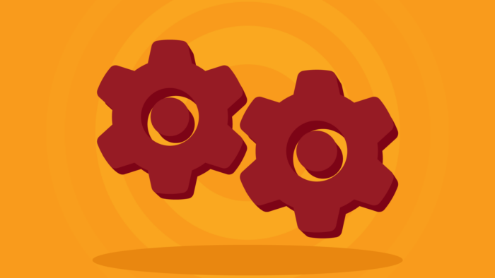 An illustration of two gears against a yellow backdrop with circles radiating light in the background