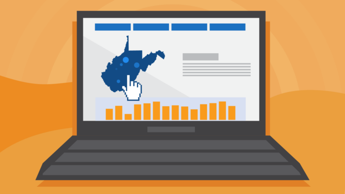 An illustration of a laptop screen showing the state of West Virginia alongside a bar graph.