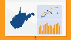 An illustration of a presentation screen. Shown on the screen is the state of West Virginia beside multiple comparative line and bar graphs.