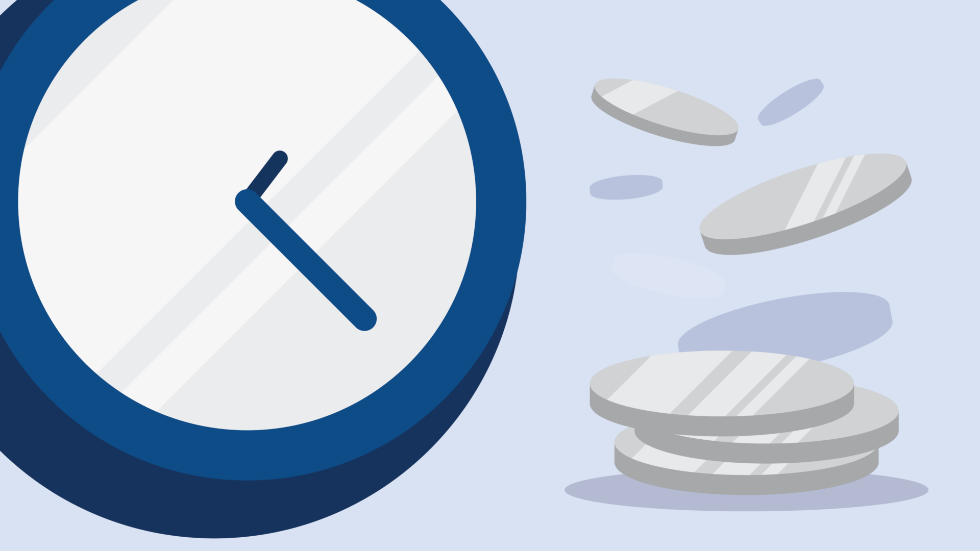 An illustration of a clock next to a stack of coins on a soft blue background