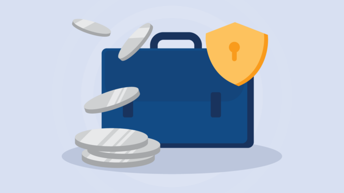 An illustrated graphic of a briefcase with several coins and a golden security shield icon.